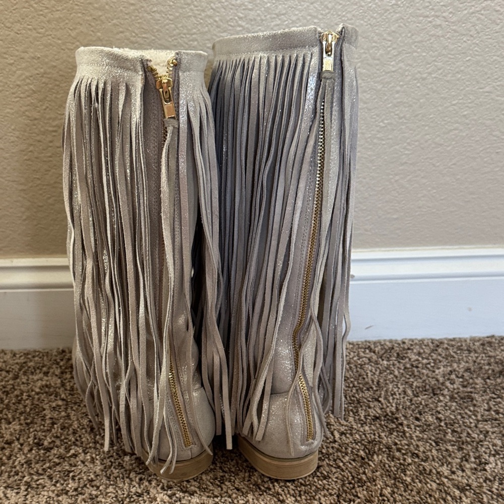Joyfolie Fringe Glitter Knee-High Boots in Light Silver - Picture 9 of 10